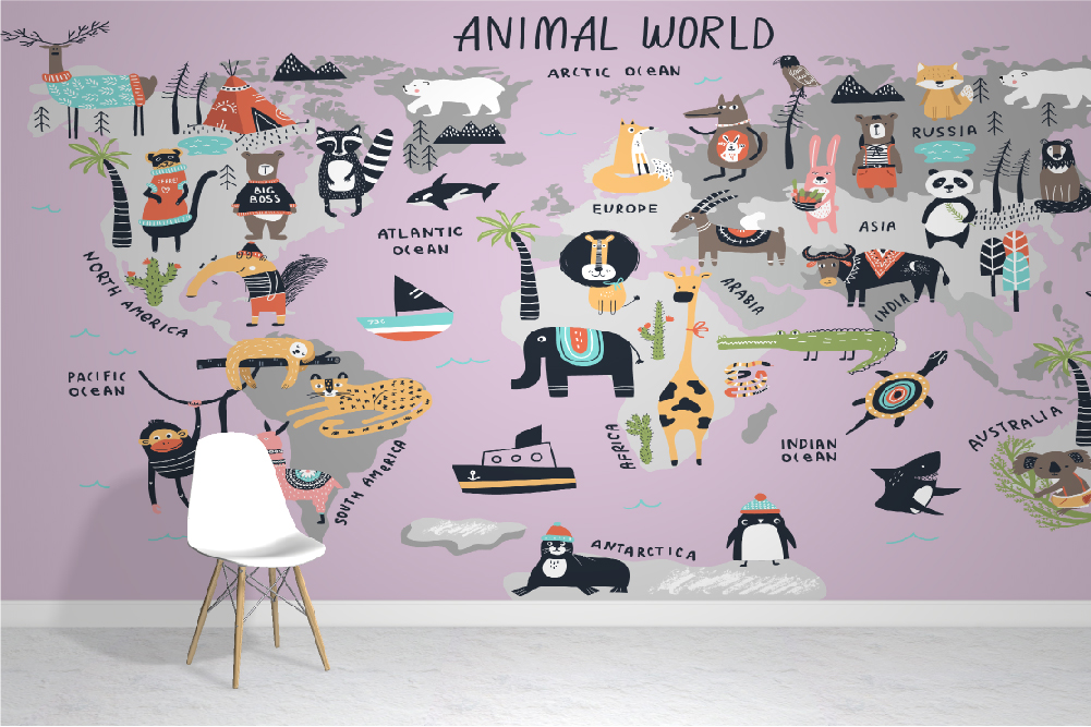 Animal World Wallpaper Mural - Kids Map Wallpapers - Wall Murals