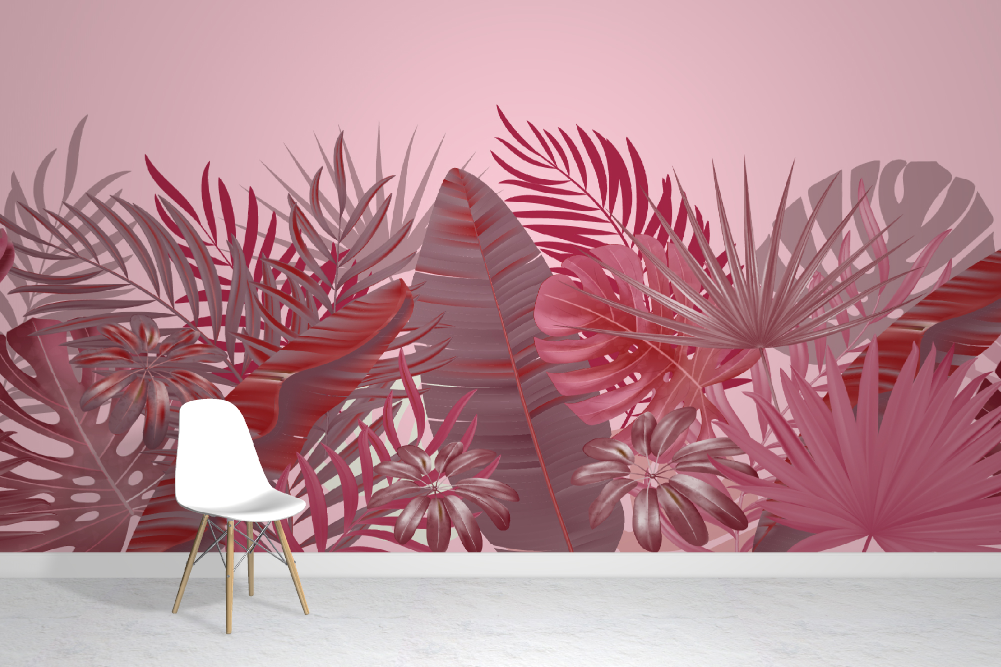 We love this Red Tropical Wallpaper Mural with its bold pink background that sets the scene for red tropical leaves in multiple shades,