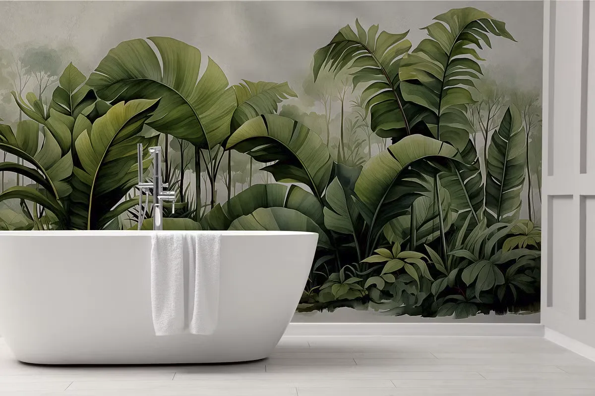 Interior scene 2 7259 A modern bathroom features a white freestanding bathtub with a towel draped over its edge. The wall behind the tub is adorned with a Lush Tropical Rainforest Wall Mural, creating a vibrant, nature-inspired atmosphere. The floor is tiled in a light shade.
