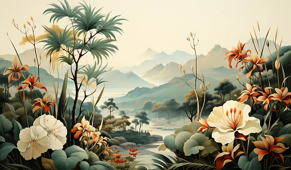 Wall Murals Product image 7284 Illustration of a lush, tropical landscape. In the foreground, Amber Bloom Oasis Mural (Copy) blooms in shades of orange and white are surrounded by green foliage. In the background, towering mountains rise above misty valleys, creating a serene and dreamy scene reminiscent of an oasis mural.