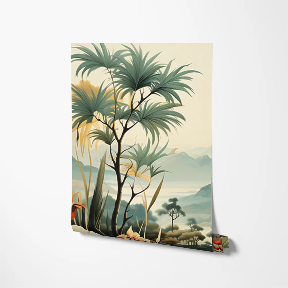 Wallpaper design Wall Muarls 7284 A rolled-back poster features a tropical scene with tall palm trees and lush vegetation. The background showcases distant mountains shrouded in mist, giving the image a serene and tranquil ambiance, reminiscent of a Verdant Valley Blooms Mural.